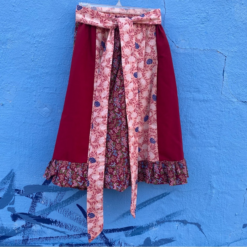 Vintage peasant gypsy Floral Patchwork Midi Skirt with sash floral and lace